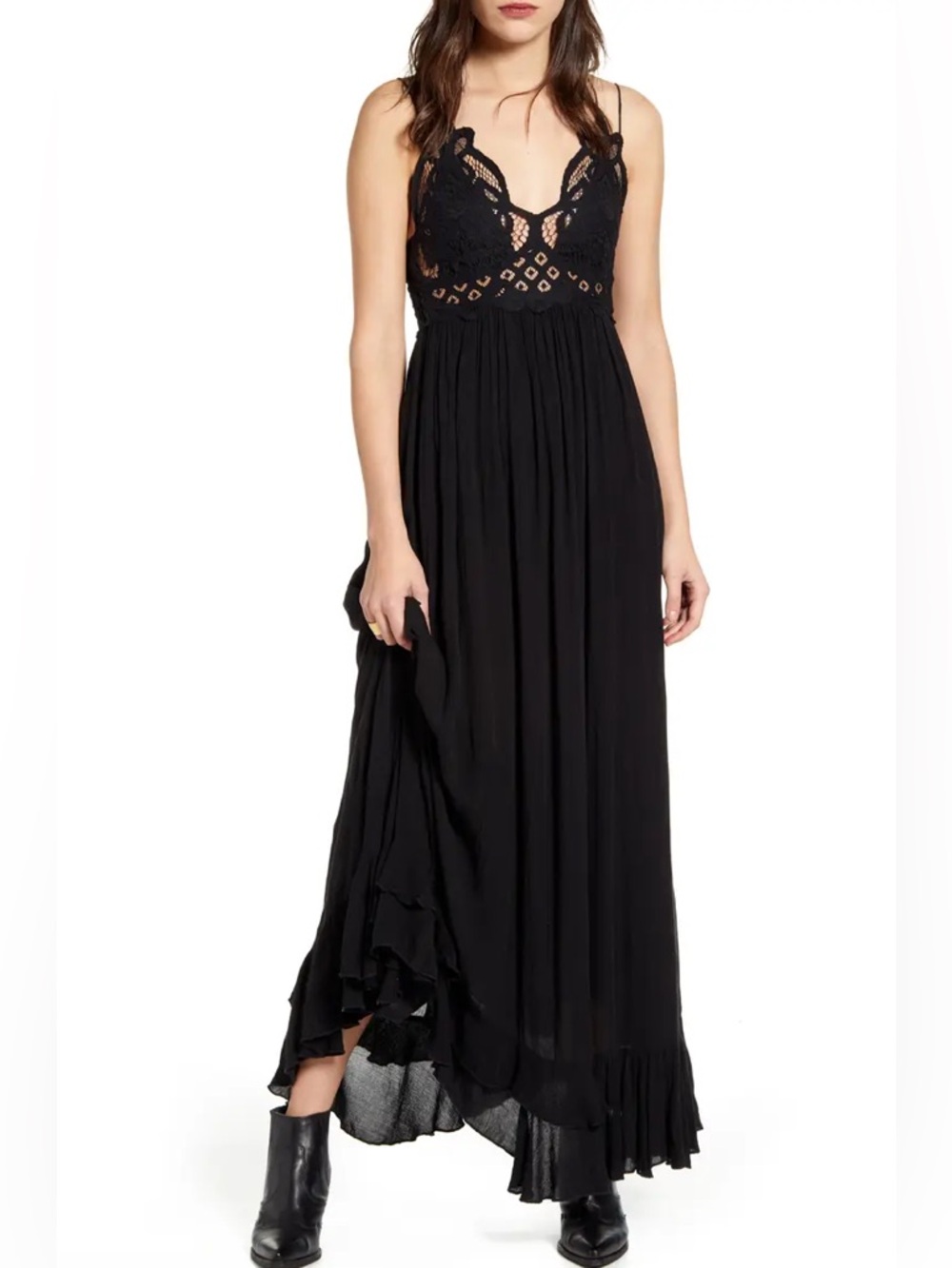 Free People One Adella Maxi Slip Dress Black Lace Bodice Smocked Back M